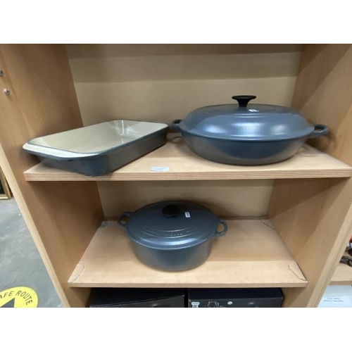 292 - Grey Le Crueset gratin dish, lidded 2 handle pan, lidded casserole