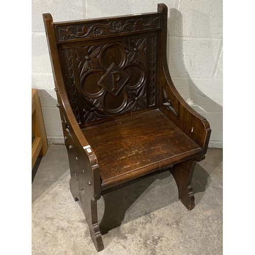 30 - Victorian Gothic oak pew/hall chair 95H 55W 48D