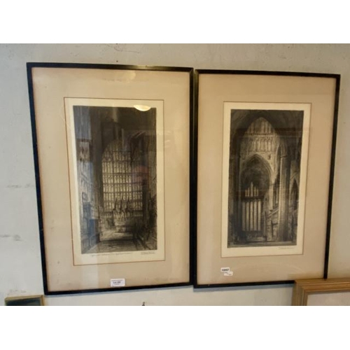 302 - 2 framed etching prints by J. Alphege Brewer 'York Minster' & 'Gloucester Cathedral' both hand signe... 