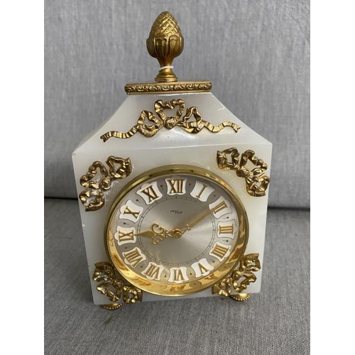 318 - Imhof 15 jewels Swiss onyx & gilt mantle clock (in working order) 17H 10W 4D