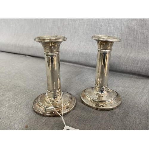 327 - Pair of IS Greenburg & Co, Birmingham 1905 silver weighted candlesticks, inscribed 'The Knowe' 16th ... 