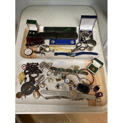 330 - 2 trays of collectables including a silver cased pocket watch, James Griffiths, Chester silver chris... 