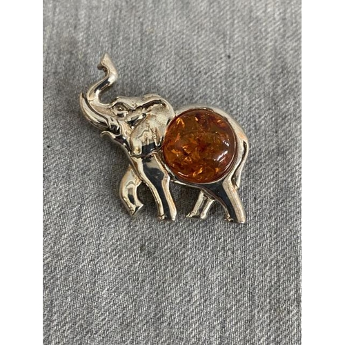 333 - Silver & amber Elephant brooch