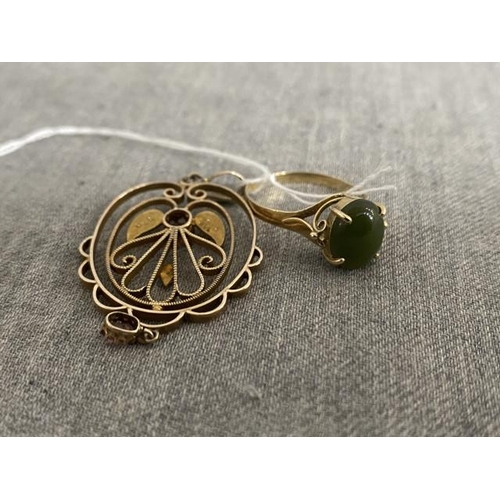 339 - 9ct gold and green gem ring (size O) and a 9ct gold with seed pearl Art Nouveau pendant (combined we... 