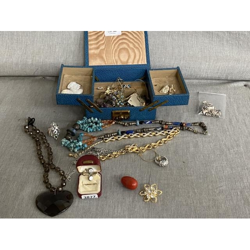 344 - Box of vintage costume jewellery, Victorian paste set earrings, Silver charm bracelet