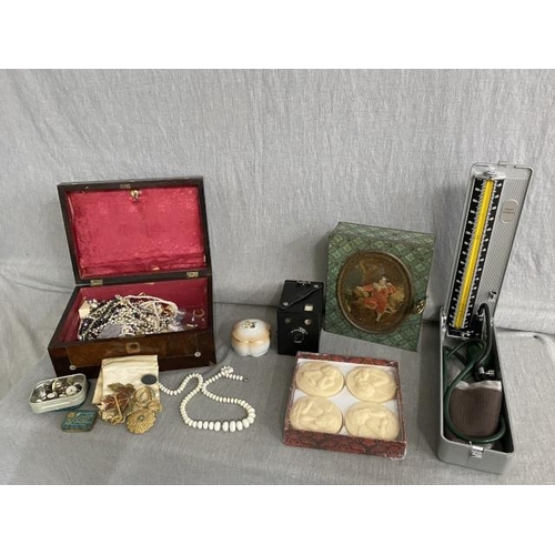 351 - 2 shelves of collectables including Victorian mahogany jewellery box with costume jewellery, Six-20 ... 