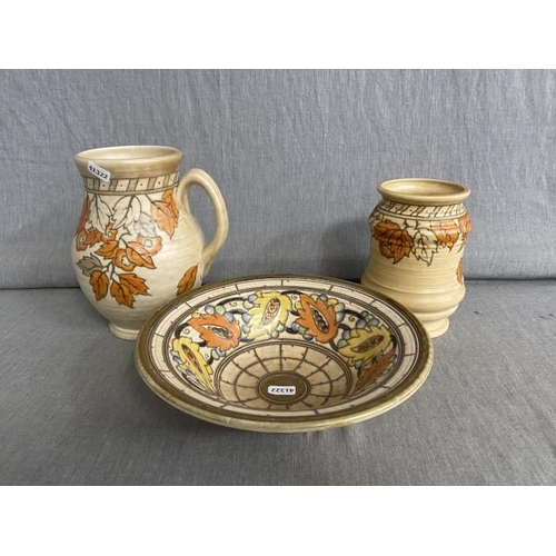 354 - Crown Ducal ‘Charlotte Rhead’ pitcher 22H, bowl and vase (hairline)