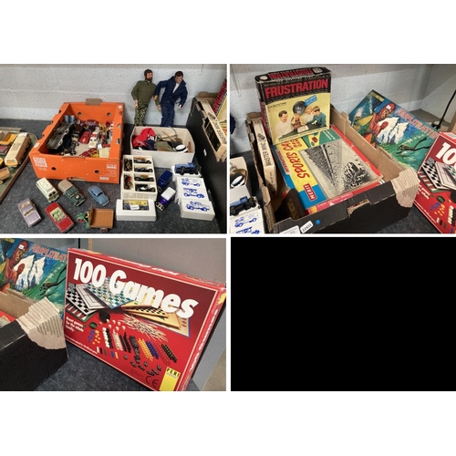 373 - Assorted vintage games including Frustration, Sports Car Racing Game etc, 2 Action Men with box of c... 