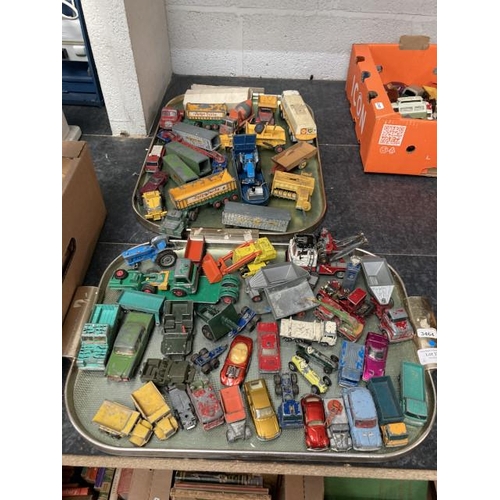 375 - 2 trays of play worn vehicles inc. Matchbox, Dinky, Corgi, Lesney etc. (trays not included)