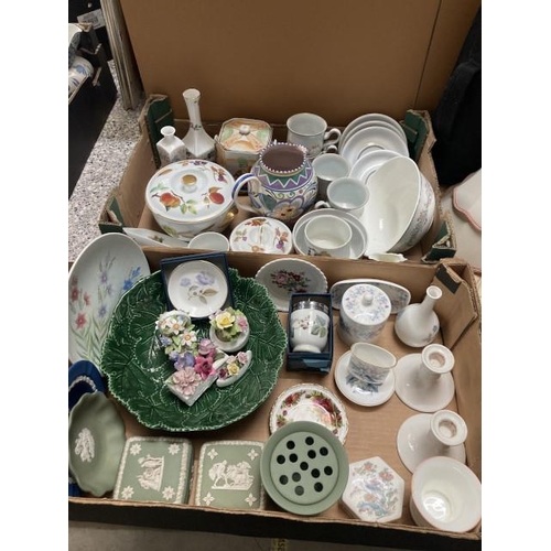 396 - 2 good boxes containing Jasperware, Coalport, Royal Doulton, Wedgwood, Royal Worcester, Radford, Den... 