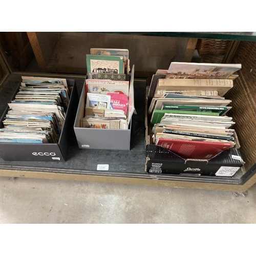 407 - 3 boxes of assorted vintage coloured and black and white postcards, birthday cards, visitors brochur... 