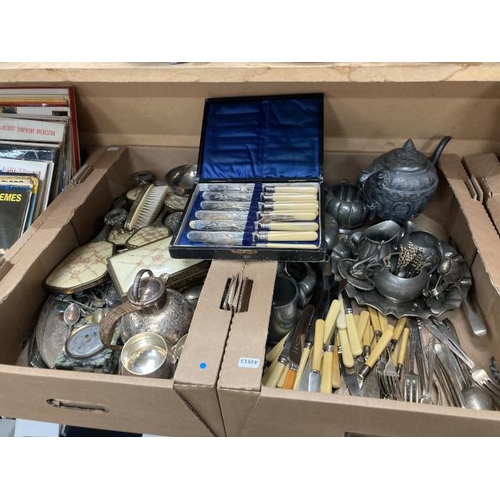 410 - 2 boxes of assorted metalware including pewter, flatware, dressing table sets, collectors spoons etc