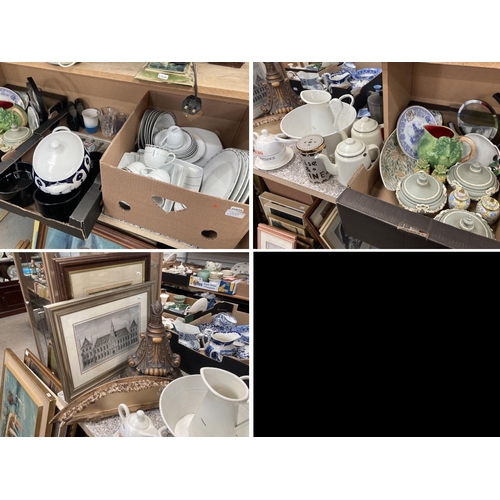 413 - Schiller, Over and back tableware's, enamel teapots, jug etc, coffee pot, box of collectables etc