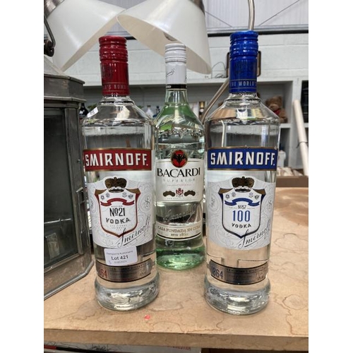 421 - Smirnoff No21 Vodka, Smirnoff No57 100 Vodka & Bacardi (all 1L bottles)