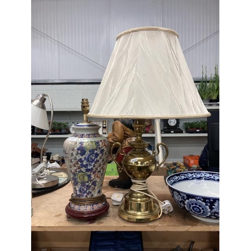 422 - Brass table lamp with cream shade 68cmH and an oriental style ceramic table lamp base 45cmH