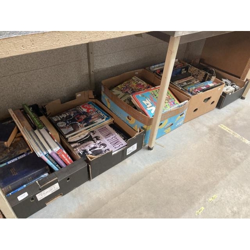 444 - 4 boxes of books including The Rolling Stones, Viz, James Patterson and a box including Philips mult... 