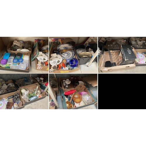 445 - 12 boxes of assorted items including blue and white ware, tea wares, metal ware, glass etc