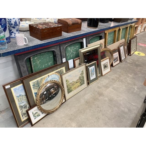 446 - Assorted framed pictures and prints including Harrogate Royal Hall, Leeds Arcade, 3 framed pressed f... 