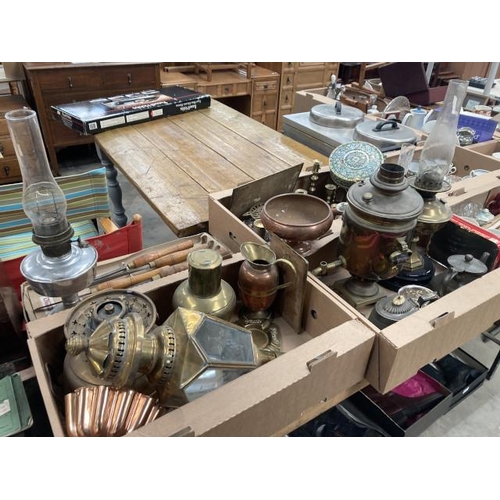 451 - 4 boxes of mixed metal ware including brass samovar, oil lamps, trivet, candlesticks, pewter teapot,... 