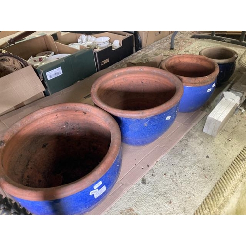 477 - 4 blue ceramic planters (2x 26H 36cm diameter, 225H 28cm diameter & 19H 20cm diameter)