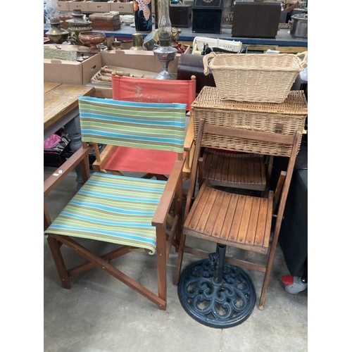 479 - 2 folding directors chairs, pair of teak folding garden chairs etc