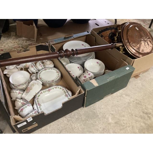 483 - Copper warming pan, 2 boxes of china including Aynsley, Croft China, Chinese table wares (some a/f) ... 