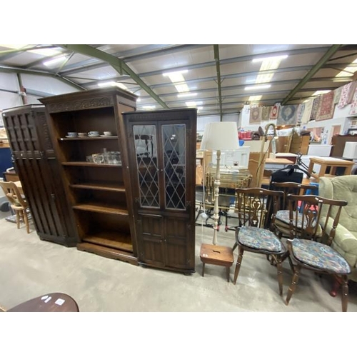 55 - Priory style oak wardrobe 185H 94W 55D, carved oak bookcase 188H 100W 35D, oak glazed corner display... 