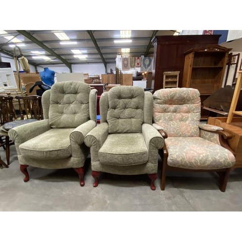 56 - Pair of green upholstered HSL chairs & a floral upholstered fireside chair