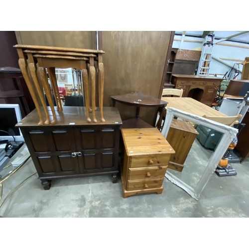 88 - Oak sideboard 84H 85W 42D, walnut nest of tables 55H 55W 41D, Victorian wotnot 94H 70W 50D, pine bed... 