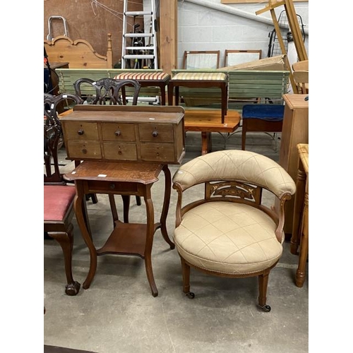 91 - Edwardian tub chair 64W, Edwardian mahogany occasional table 69H 55W 49D and pine 6 drawer chest 27H... 