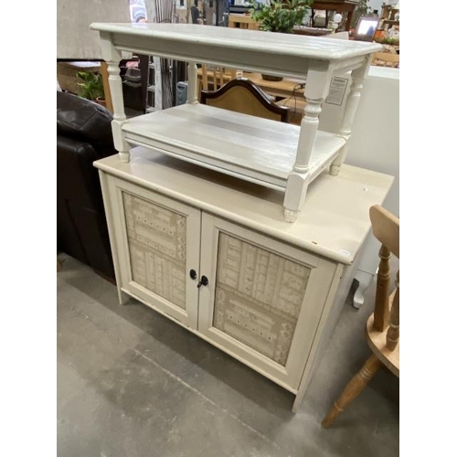 99 - Painted 2 door cupboard with 1 key 75H 95W 63D & a painted pine coffee table 44H 76W 51D