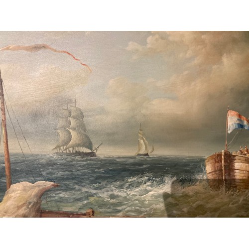 31 - Gilt framed oil on canvas of sailing ships, signed to bottom right A Hess ( Albert Hess 1895-1960) 8... 