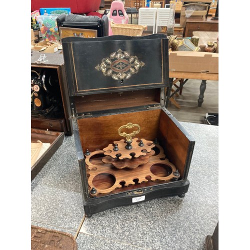 285 - 19th century liquor cabinet in blackened wood with brass and mother of pearl inlay 27H 33W 25D