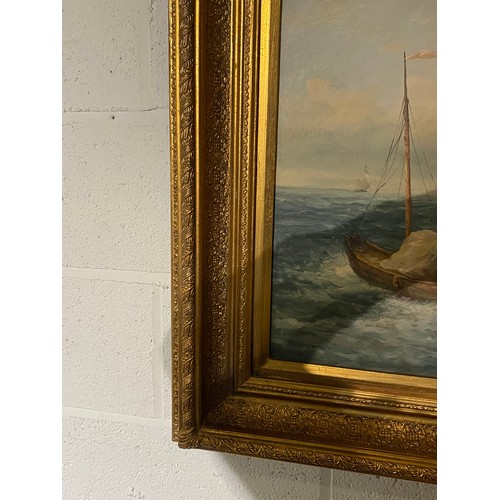 31 - Gilt framed oil on canvas of sailing ships, signed to bottom right A Hess ( Albert Hess 1895-1960) 8... 