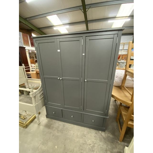 140 - Grey 3 door/3 drawer wardrobe with hanging rail and shelves to the interior 181H 141W 65D