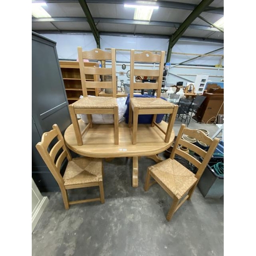 141 - Good quality solid oak Dutch dining table 78H 158W 120D and 6 ladder back chairs