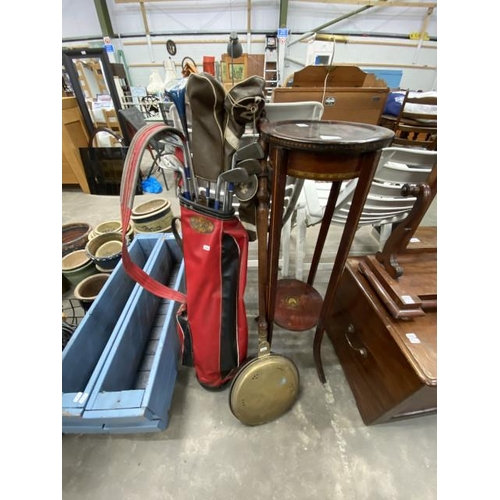 142 - Brass bed warming pan, mahogany torchere 98H 29cm diameter and a vintage golf bag and clubs