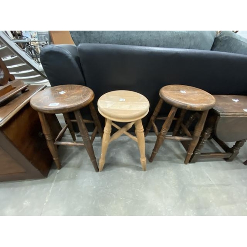 144 - 2 oak stools 53H and a pine stool 50H