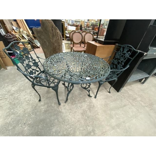 149 - Aluminium garden table 70H 100cm diameter and 2 chairs