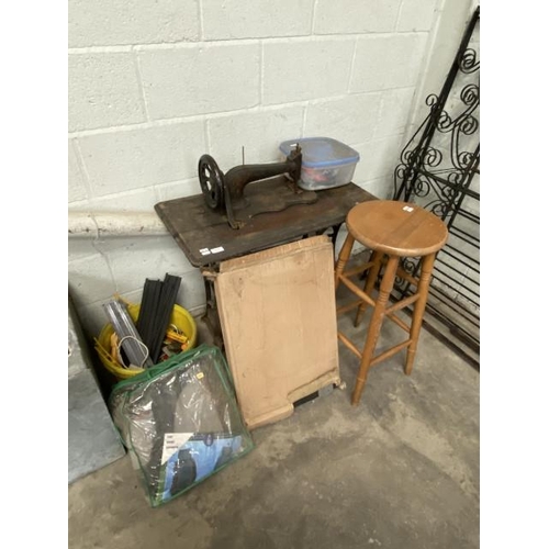 15 - Antique treadle sewing machine table, pine stool 77H etc