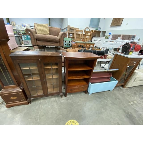 159 - Mahogany bookcase with one drawer 110H 74W 40D, oak display cabinet 113H 74W 22D, Lloyd Loom style l... 