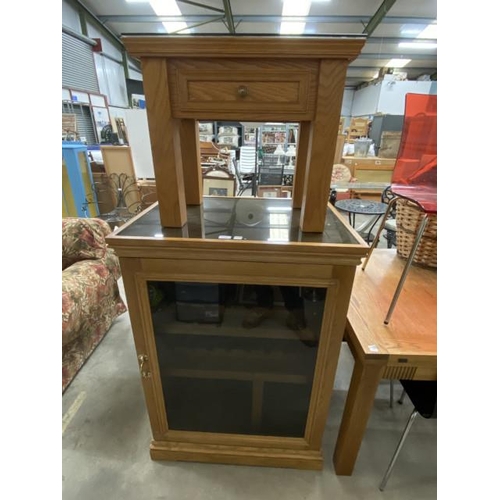 18 - Contemporary oak wine cabinet 112H 80W 60D and an oak single drawer lamp table 52H 62W 43D