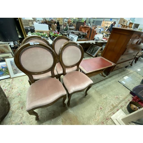 182 - 4 mahogany oval back dining chairs 47W & a mahogany with red leather inset coffee table 49H 102W 51D