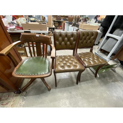 184 - Edwardian oak swivel office chair 54W and 2 olive leather button back library chairs 50W (as found)