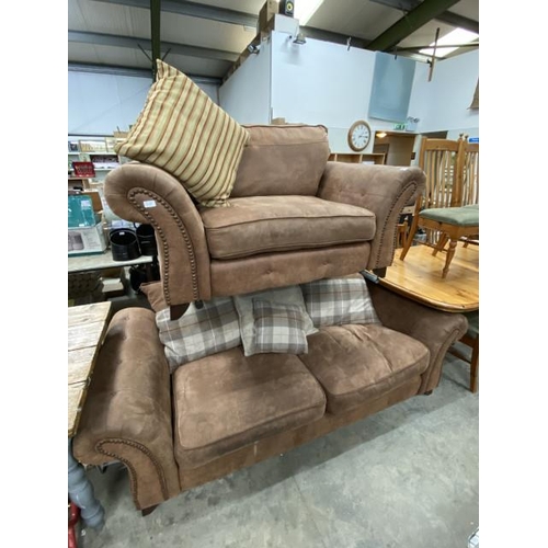 189 - DFS tan suede settee 220W and matching cuddle chair 154W