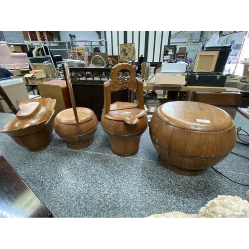 227 - Chinese wooden rice carrier, Chinese wedding wooden basket, Chinese wooden barrel bucket with lid et... 