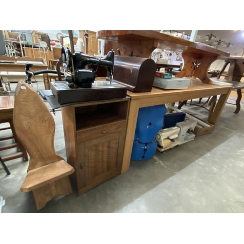 23 - Oak effect cupboard 76H 41W 25D, table top dress makers mannequin, mahogany dining chair etc