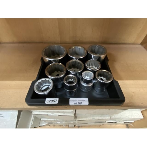 267 - Tray of 10 AF 3/4” drive sockets from 2” to 3/4” - various makes