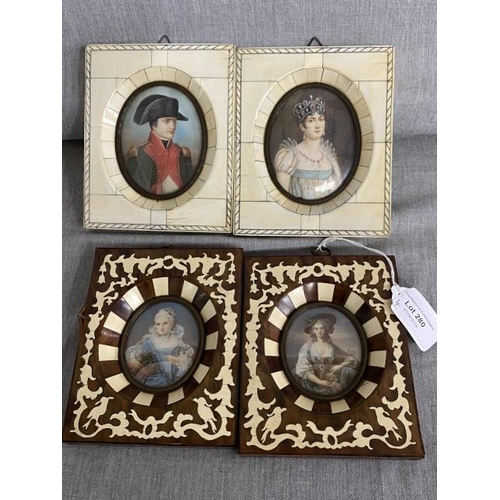 280 - Two antique signed hand painted miniature portraits in neoclassical frames 13x10.5cm & two bone fram... 