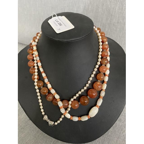 286 - Three antique necklaces including pearl, coral and banded agate